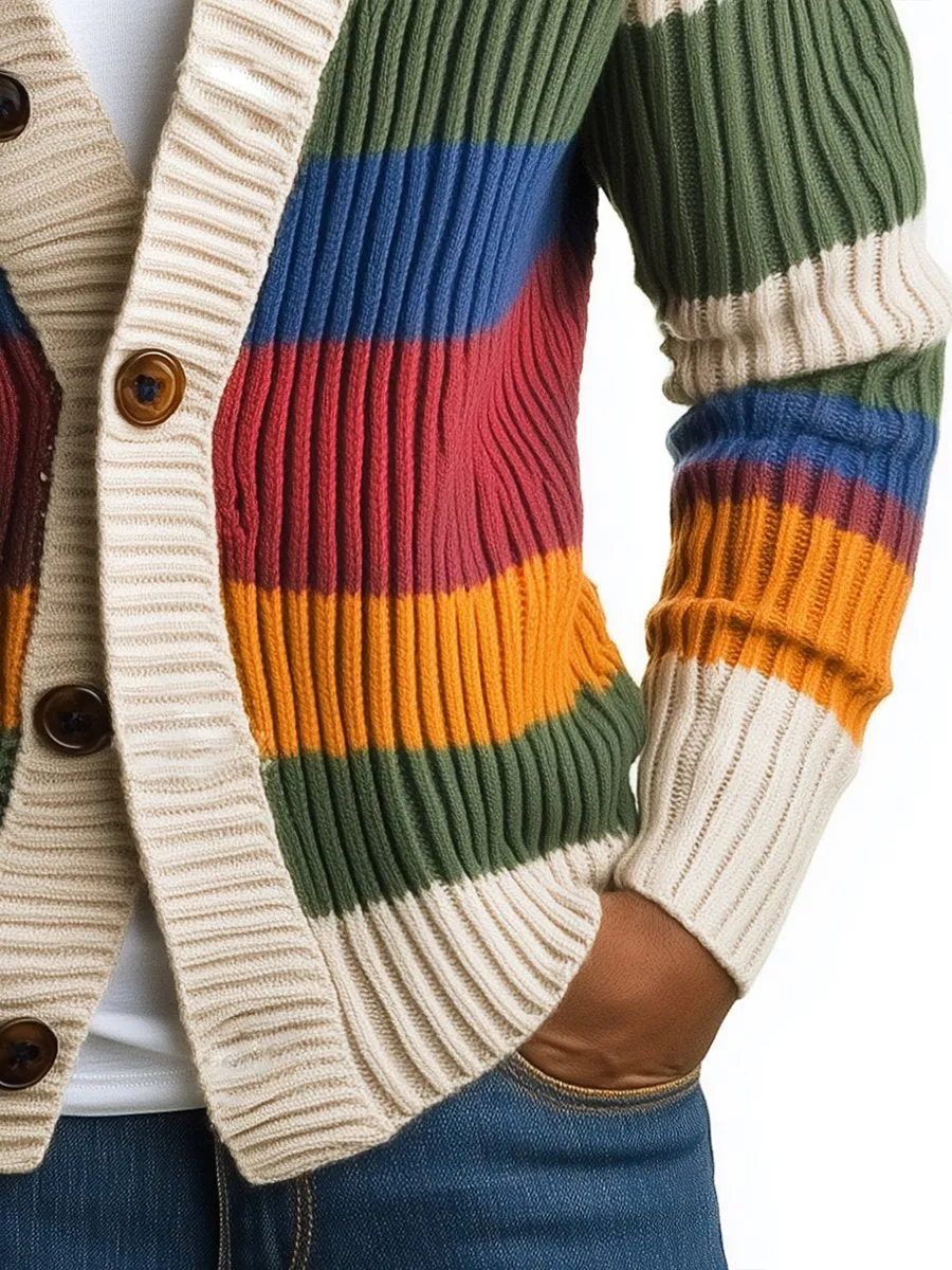 【24-hour shipping】Men's Casual Rainbow Striped Long Sleeve Knit Cardigan