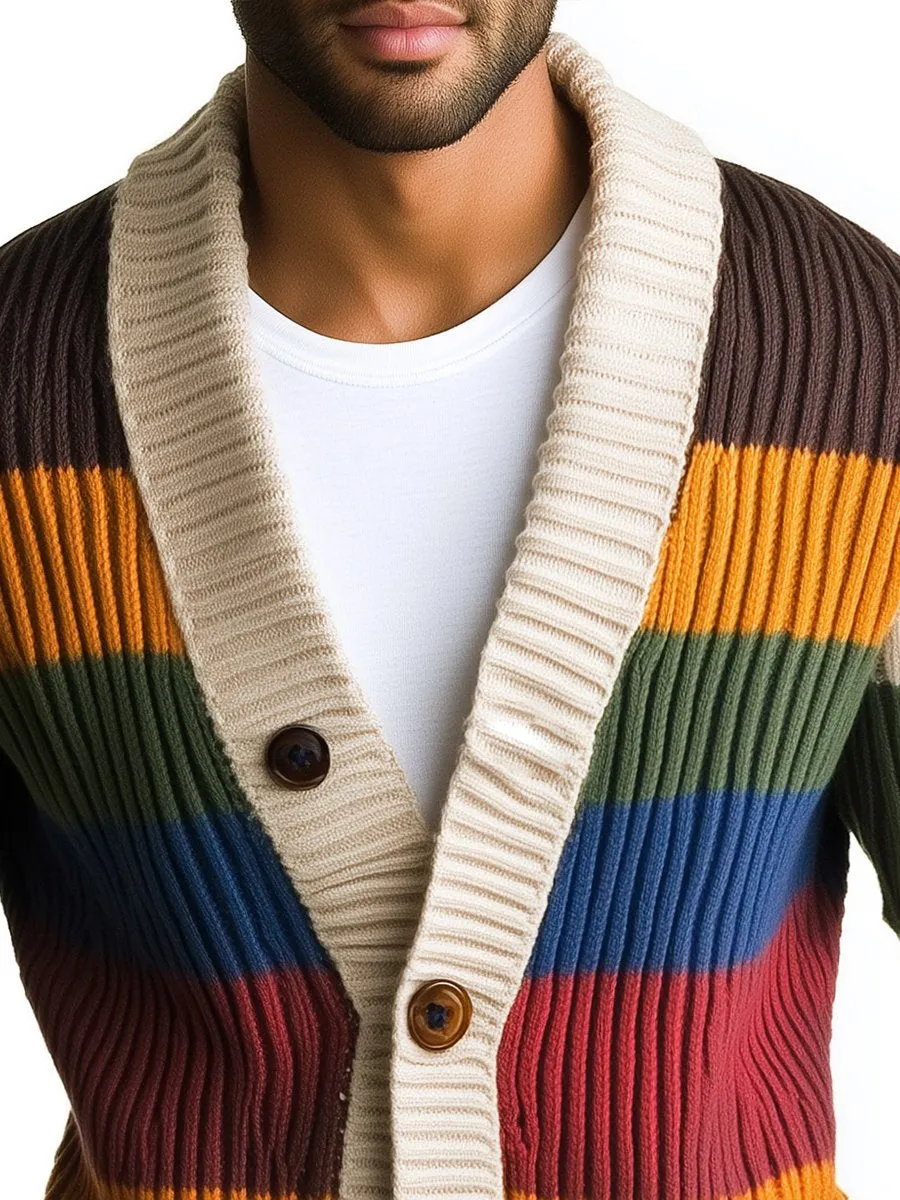 【24-hour shipping】Men's Casual Rainbow Striped Long Sleeve Knit Cardigan