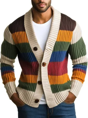 【24-hour shipping】Men's Casual Rainbow Striped Long Sleeve Knit Cardigan