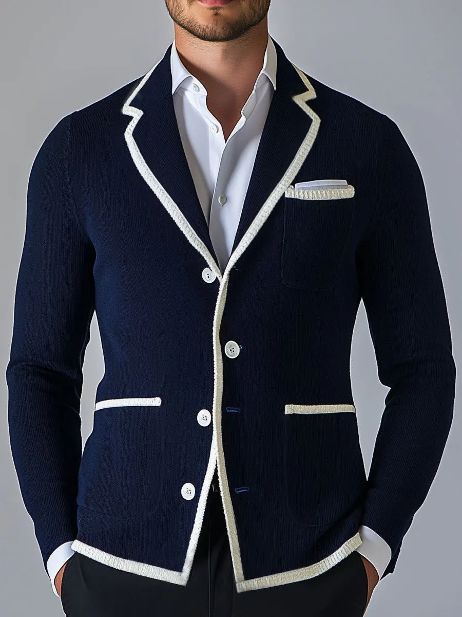 【24-hour shipping】Men's Lapel Contrast Color Single Breasted Pocket Knit Cardigan