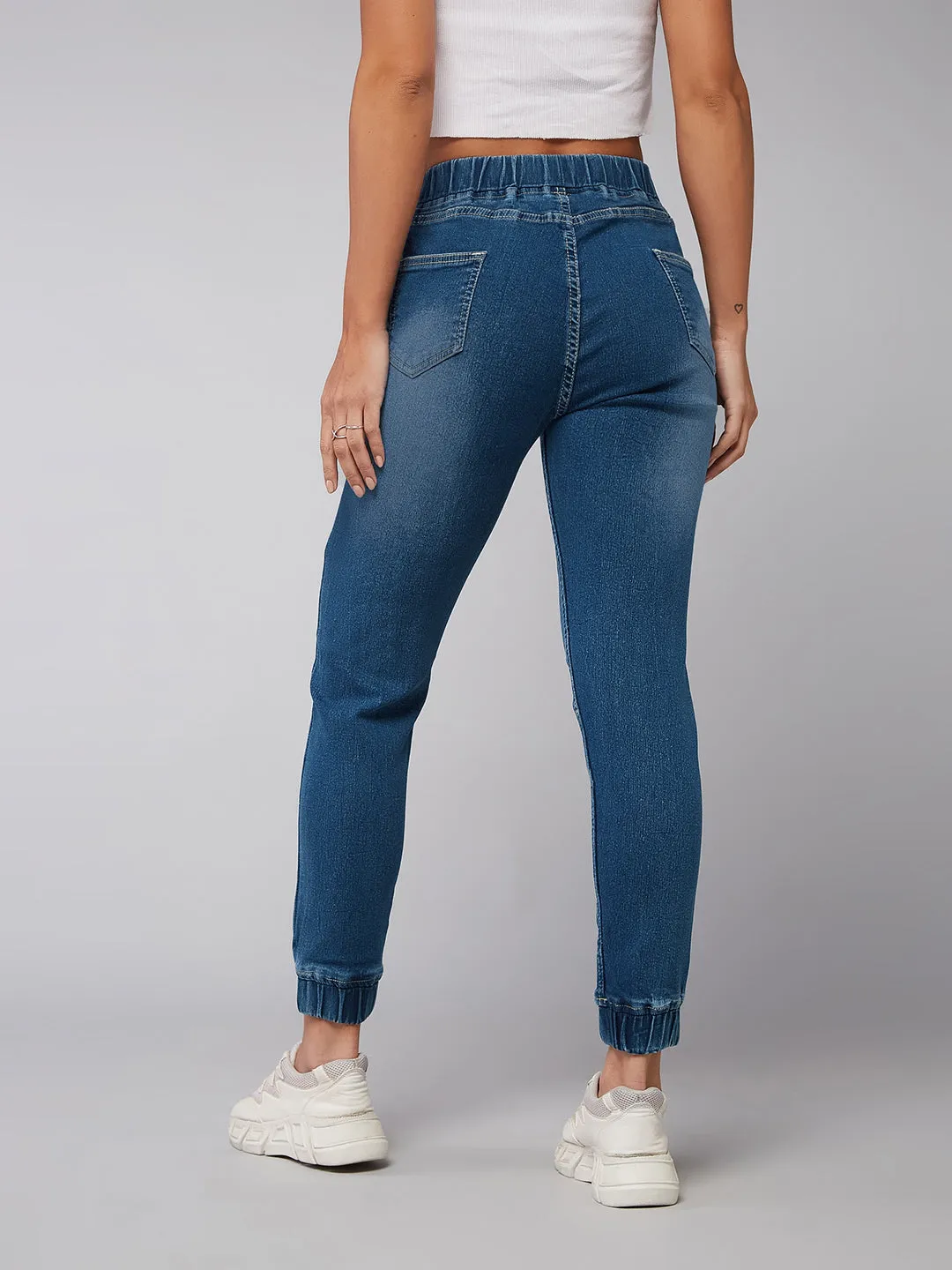 24/7 comfort Women's Navy Blue Relaxed Fit Mid Rise Scraped Denim Stretchable Jogger Pants