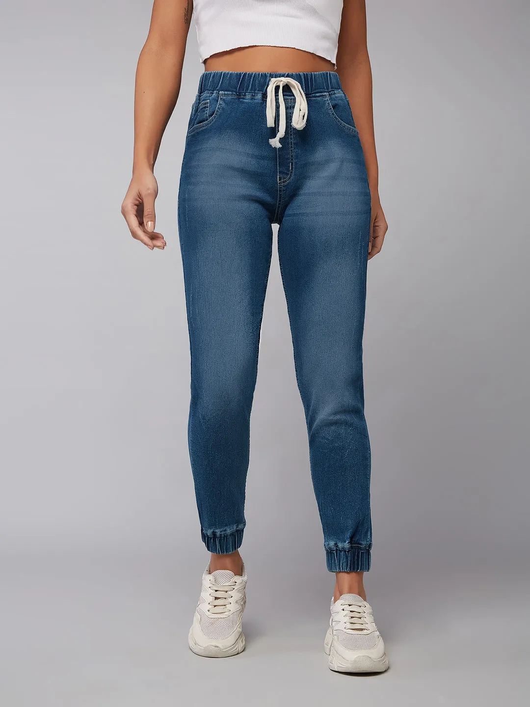 24/7 comfort Women's Navy Blue Relaxed Fit Mid Rise Scraped Denim Stretchable Jogger Pants