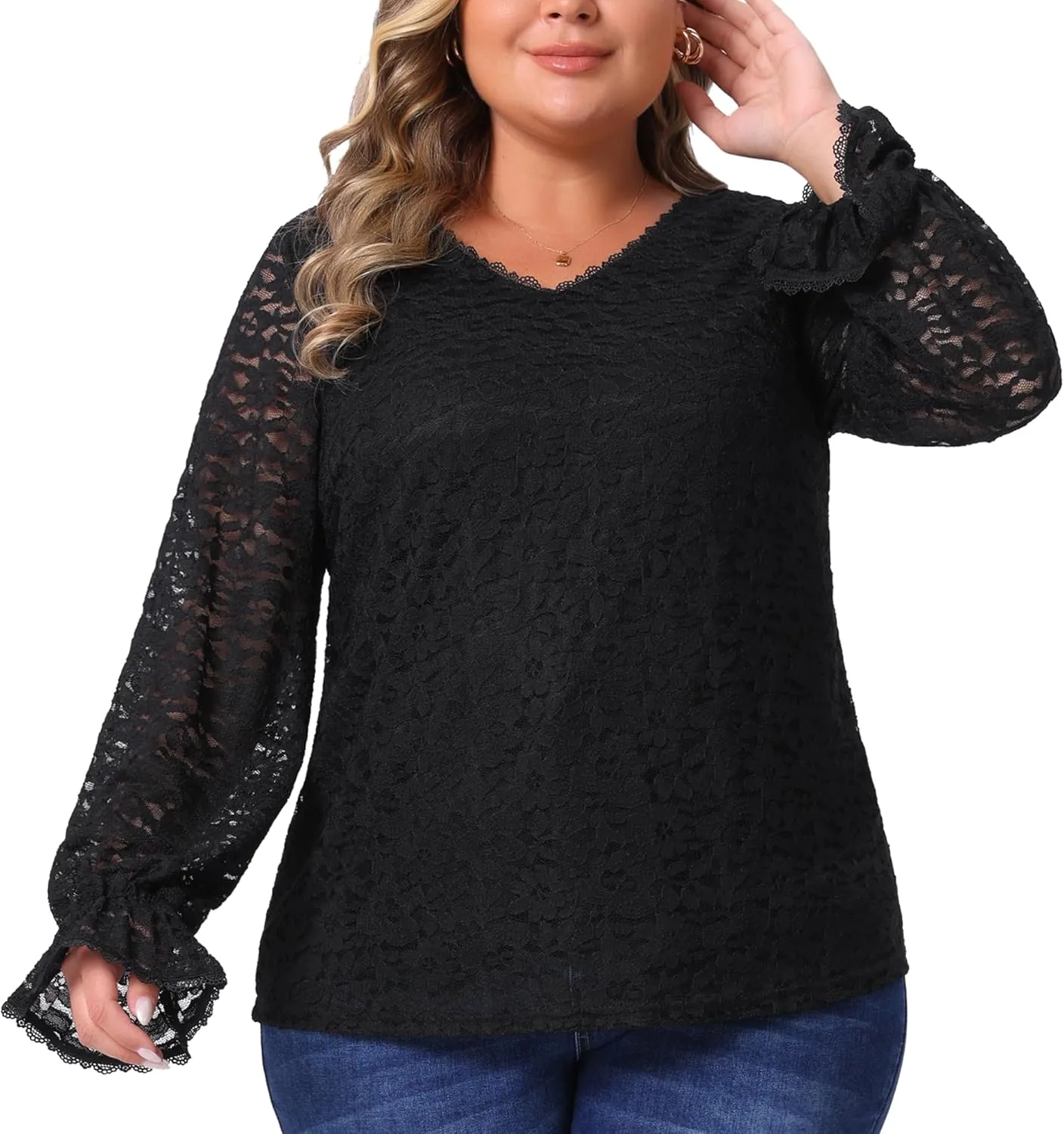 Agnes Orinda Plus Size Top for Women Lace V Neck Long Sleeve Through Floral Dressy Casual Blouses Tunic Tops