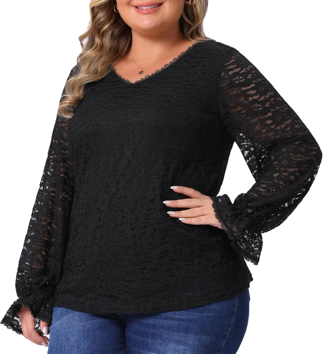 Agnes Orinda Plus Size Top for Women Lace V Neck Long Sleeve Through Floral Dressy Casual Blouses Tunic Tops