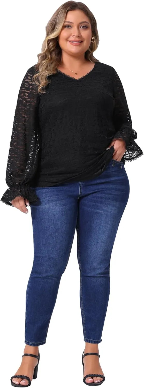Agnes Orinda Plus Size Top for Women Lace V Neck Long Sleeve Through Floral Dressy Casual Blouses Tunic Tops