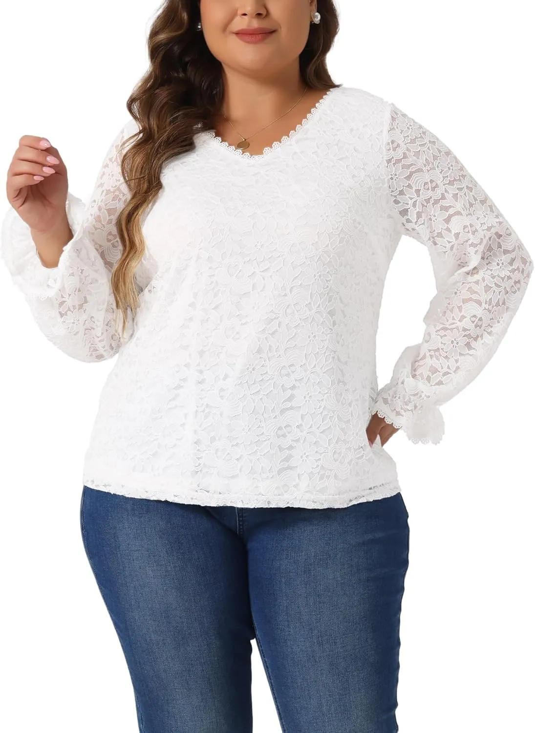 Agnes Orinda Plus Size Top for Women Lace V Neck Long Sleeve Through Floral Dressy Casual Blouses Tunic Tops