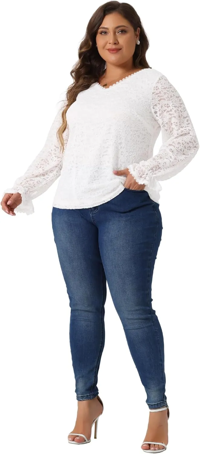 Agnes Orinda Plus Size Top for Women Lace V Neck Long Sleeve Through Floral Dressy Casual Blouses Tunic Tops