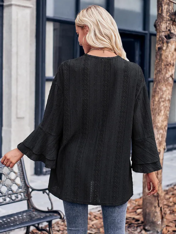 Alissa Solid Color Casual Bell Sleeve Knit Cardigan Top