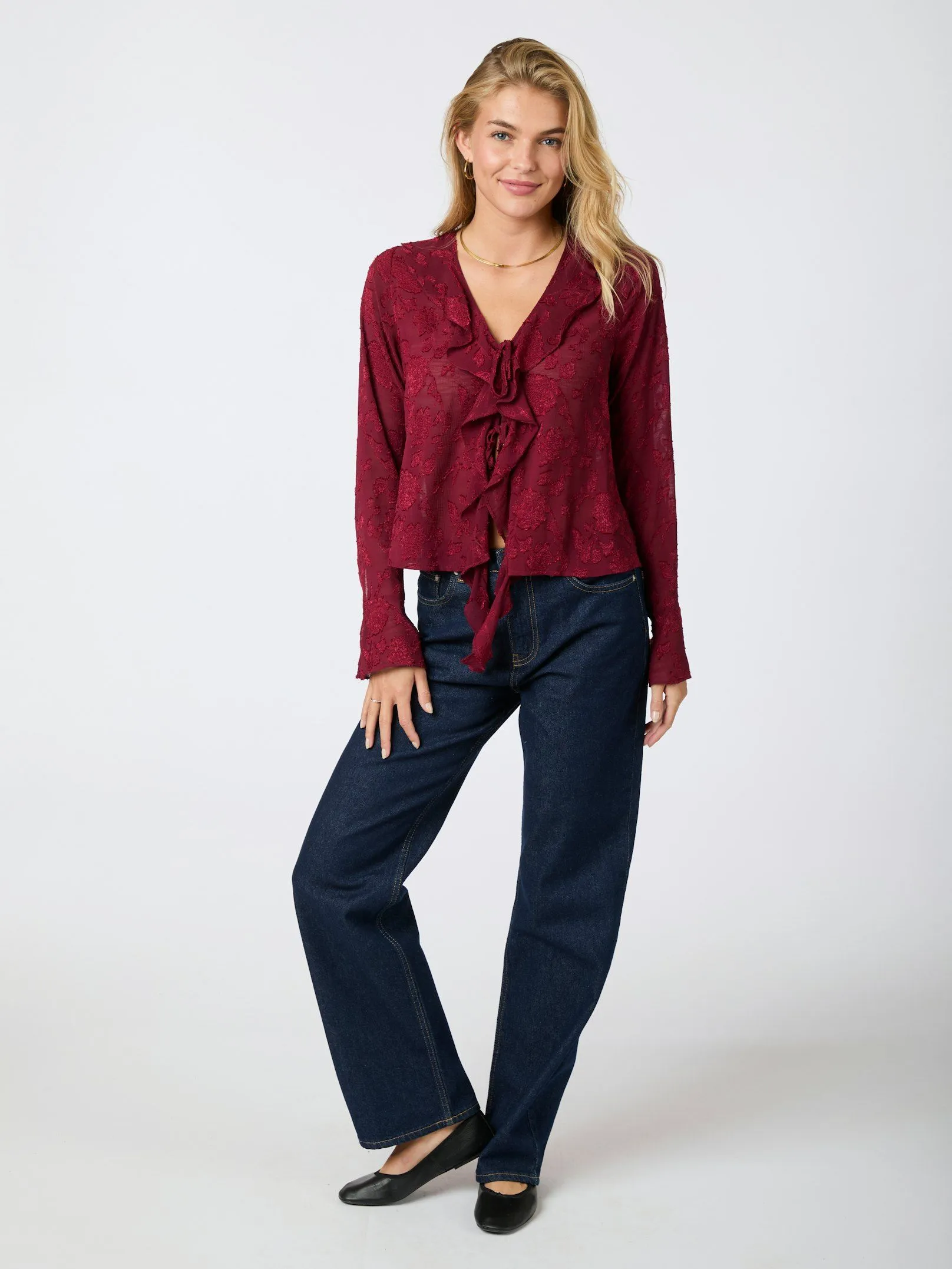 Anika Burnout Blouse - Burgundy
