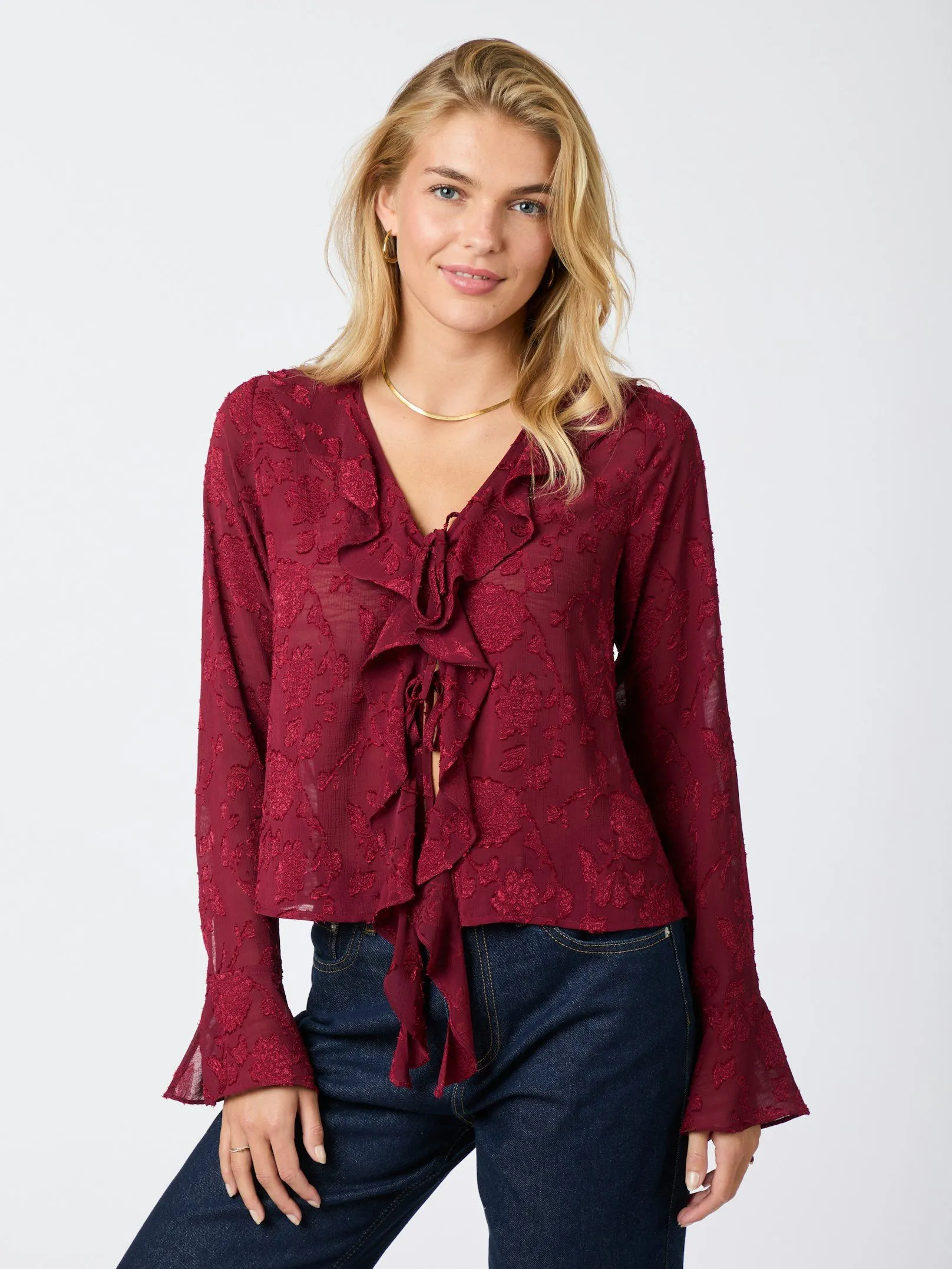Anika Burnout Blouse - Burgundy