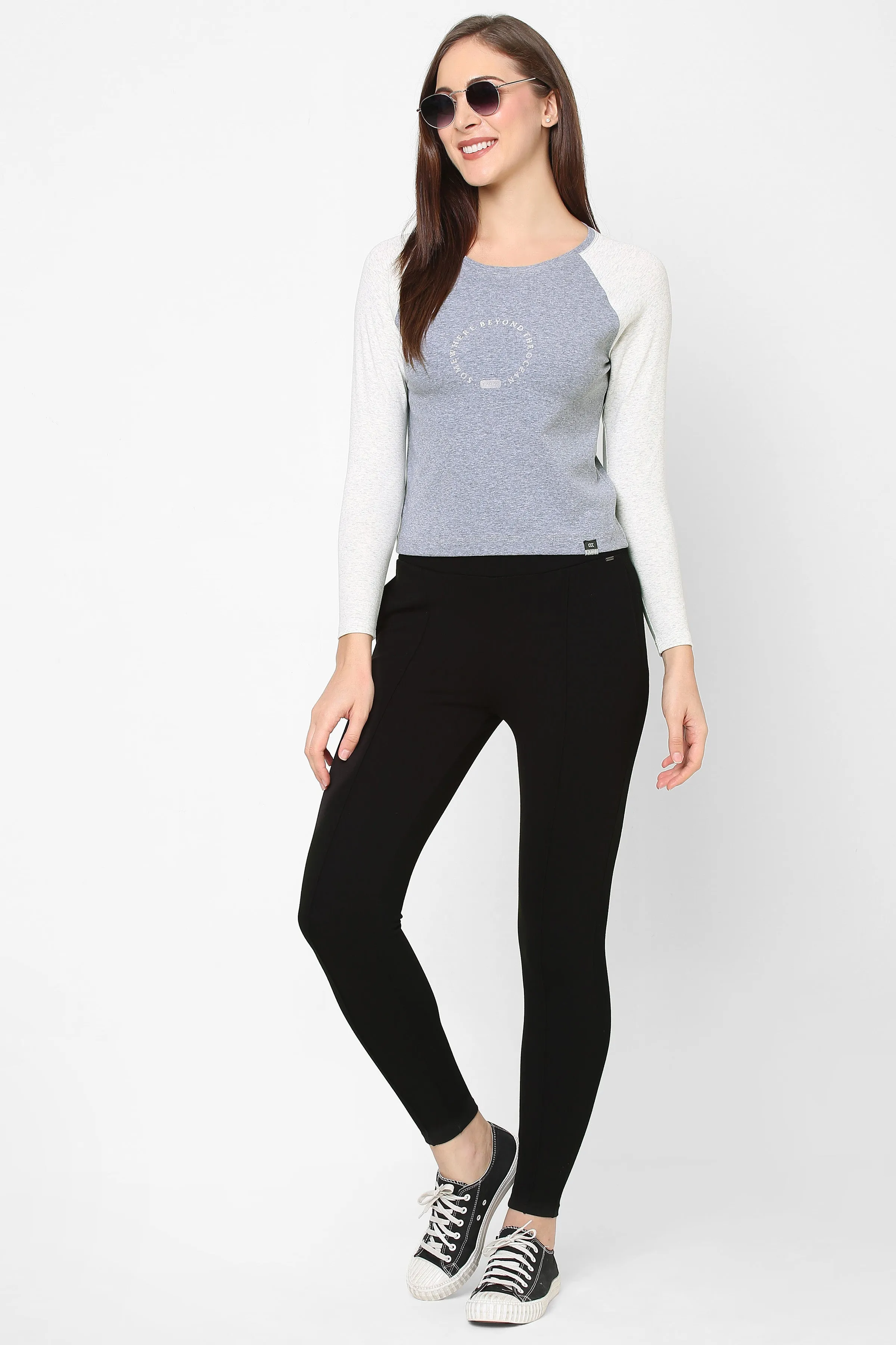 BOAT NECK RAGLAN SLEEVE PRINTED COTTON CROP TEE