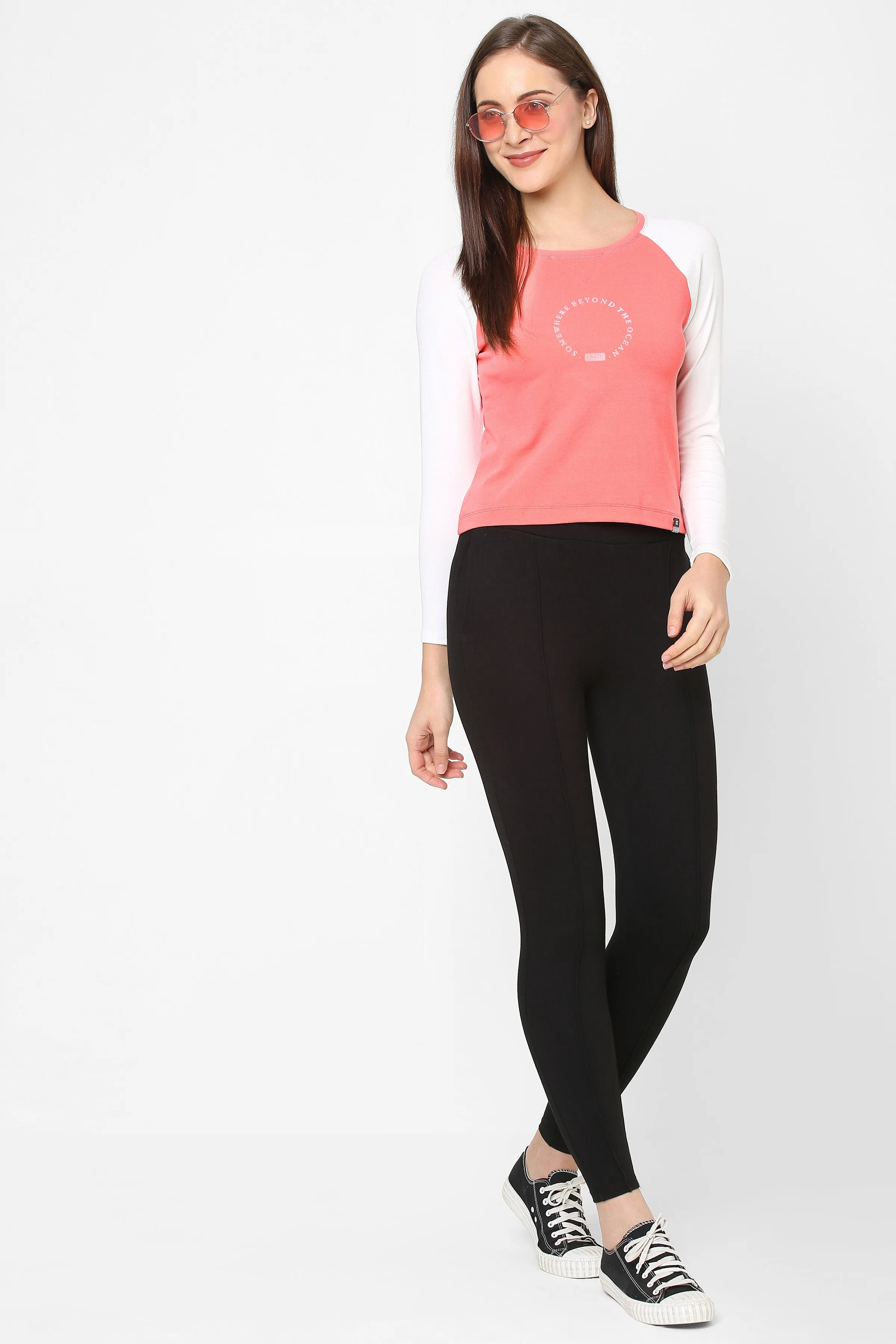 BOAT NECK RAGLAN SLEEVE PRINTED COTTON CROP TEE