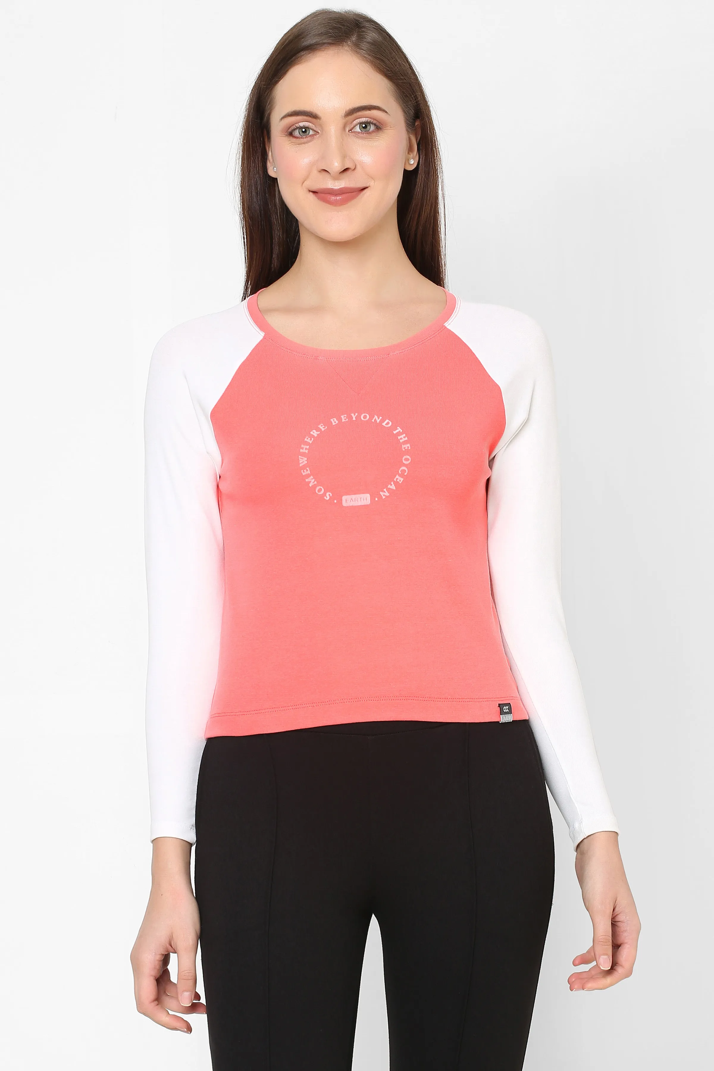 BOAT NECK RAGLAN SLEEVE PRINTED COTTON CROP TEE