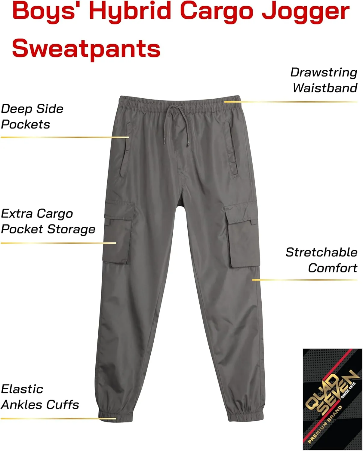 Boys Tech Pants - Quick Dry Performance Stretch Woven Joggers - Hybrid Cargo Jogger Pants for Boys (Sizes: 8-18)