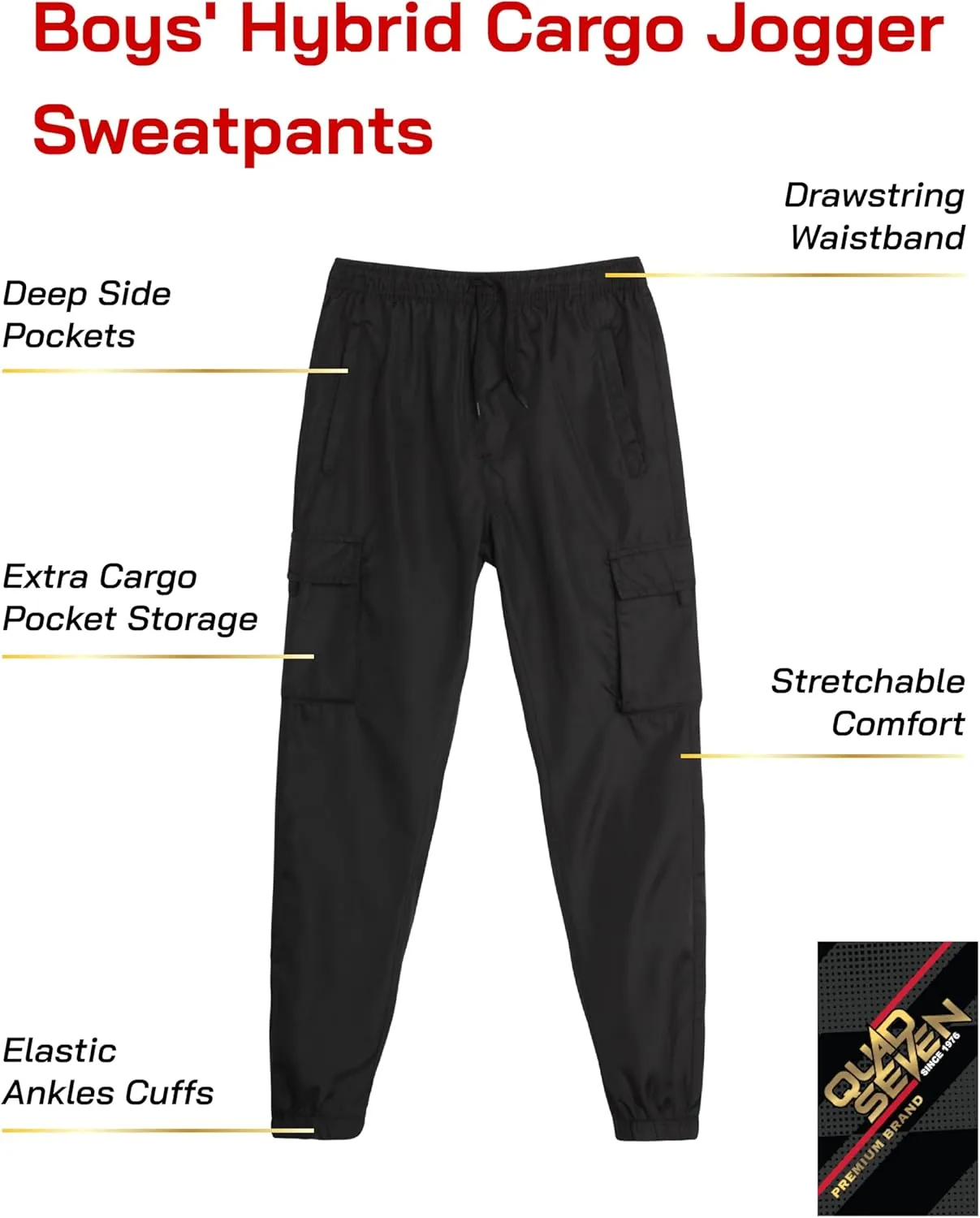 Boys Tech Pants - Quick Dry Performance Stretch Woven Joggers - Hybrid Cargo Jogger Pants for Boys (Sizes: 8-18)