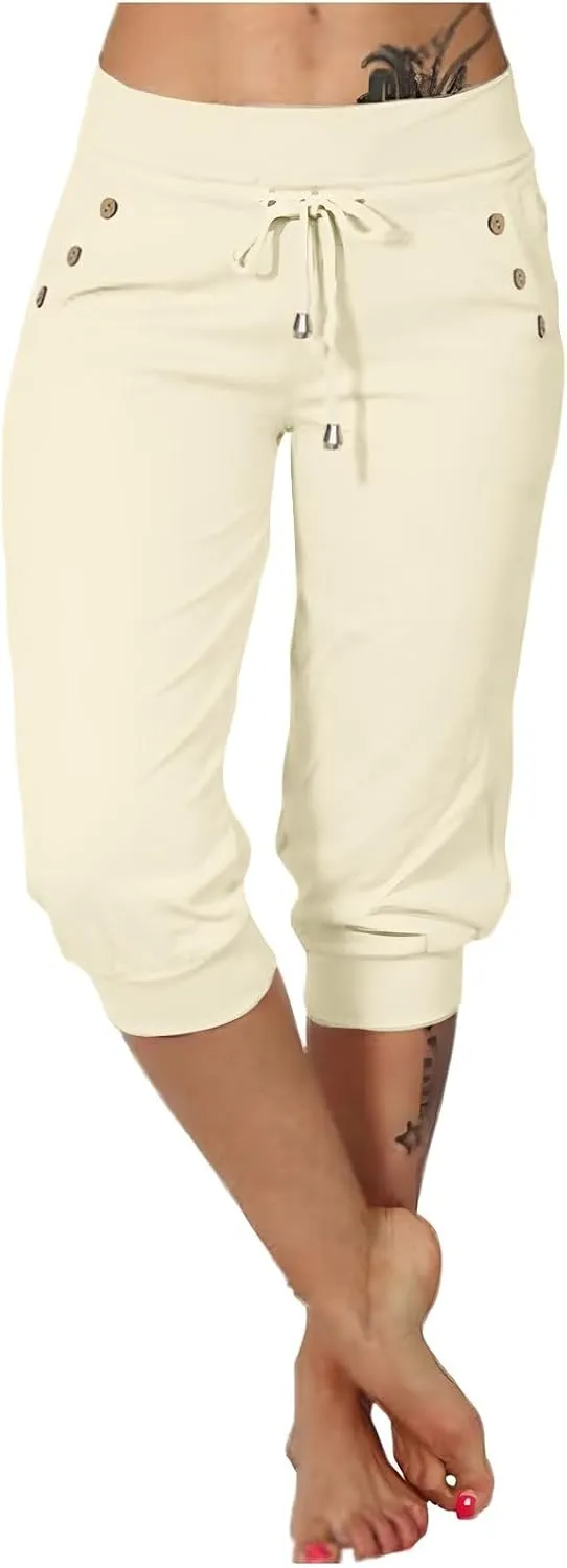 Capri Pants for Women High Waisted Drawstring Trousers Stretch Lightweight Hiking Pant Capri Joggers with Pockets