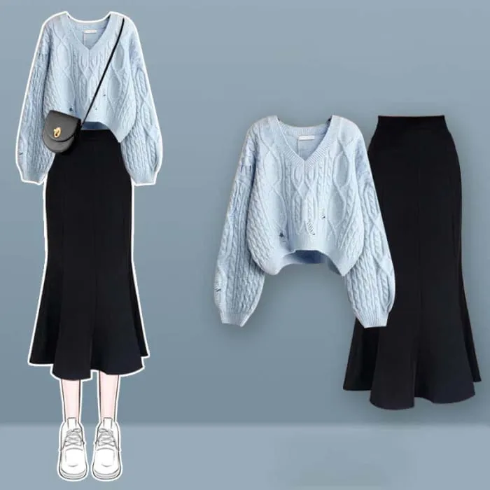 Chic V-neck Cross Knit Sweater Fishtail Skirt