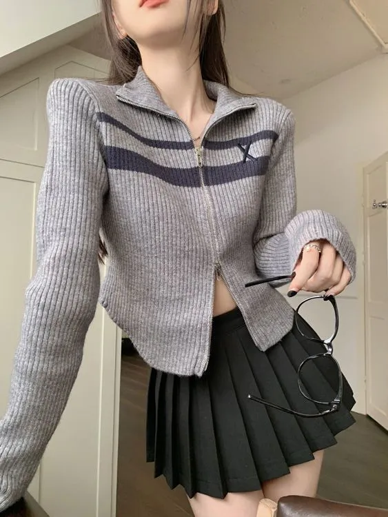 christmas outfit Sonicelife Vintage Striped Zip Up Cropped Cardigan