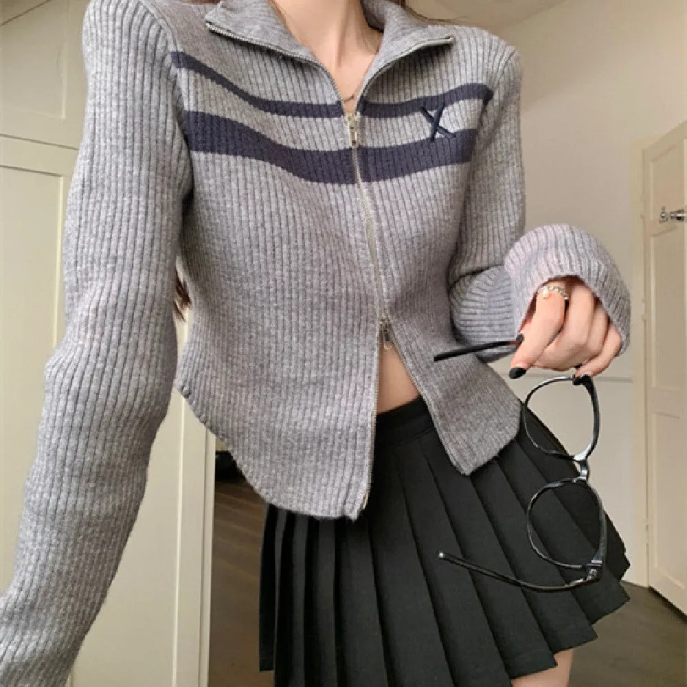 christmas outfit Sonicelife Vintage Striped Zip Up Cropped Cardigan