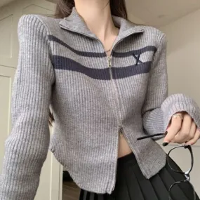 christmas outfit Sonicelife Vintage Striped Zip Up Cropped Cardigan