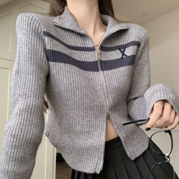 christmas outfit Sonicelife Vintage Striped Zip Up Cropped Cardigan