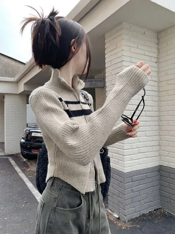 christmas outfit Sonicelife Vintage Striped Zip Up Cropped Cardigan