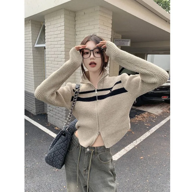 christmas outfit Sonicelife Vintage Striped Zip Up Cropped Cardigan