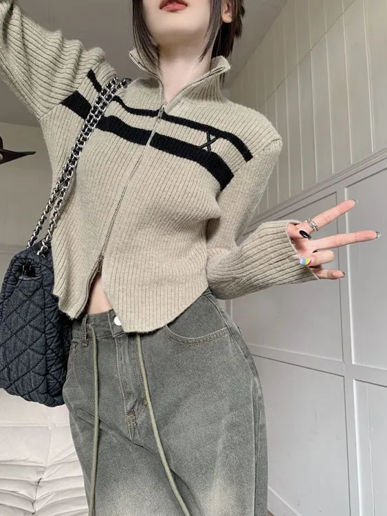 christmas outfit Sonicelife Vintage Striped Zip Up Cropped Cardigan