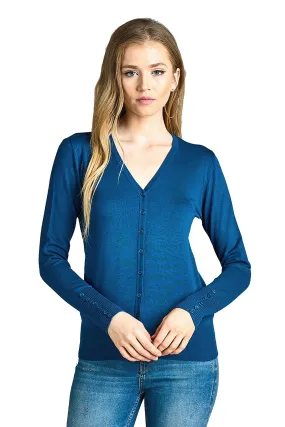 Classic Fitted Ribbed V Neck Knit Long Sleeve Button Up Front Cardigan Sweater