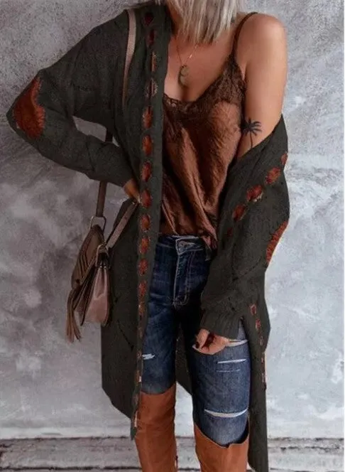 Color Block Hooded Casual Long Cardigan