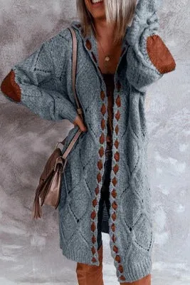 Color Block Hooded Casual Long Cardigan