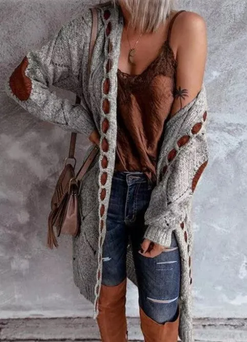 Color Block Hooded Casual Long Cardigan