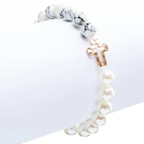 Cross Jewelry Appealing Stone Cross Stretch Link Bracelet B493 Ivory