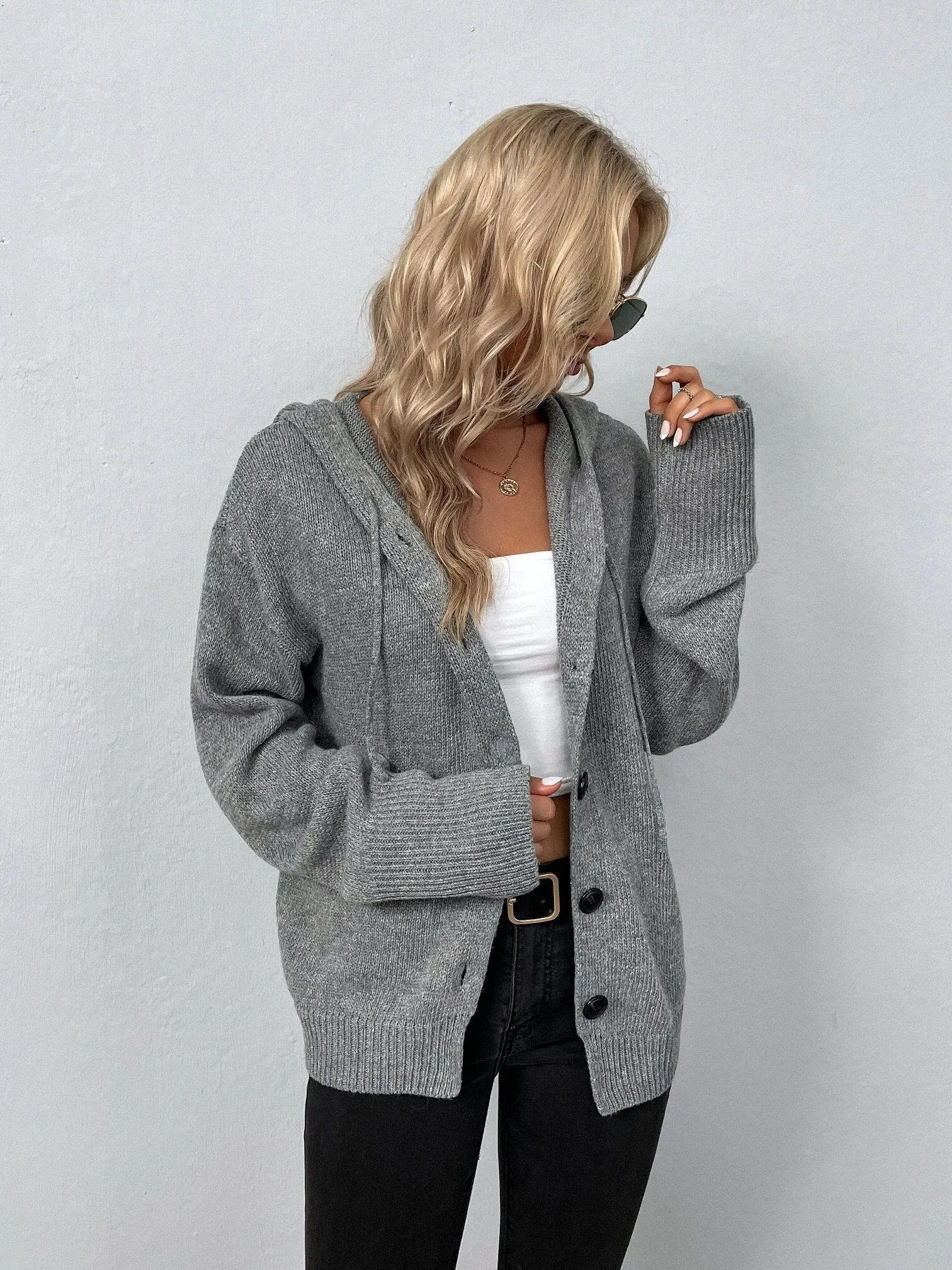DressBetty - Casual Loose Hooded Knitted Cardigan