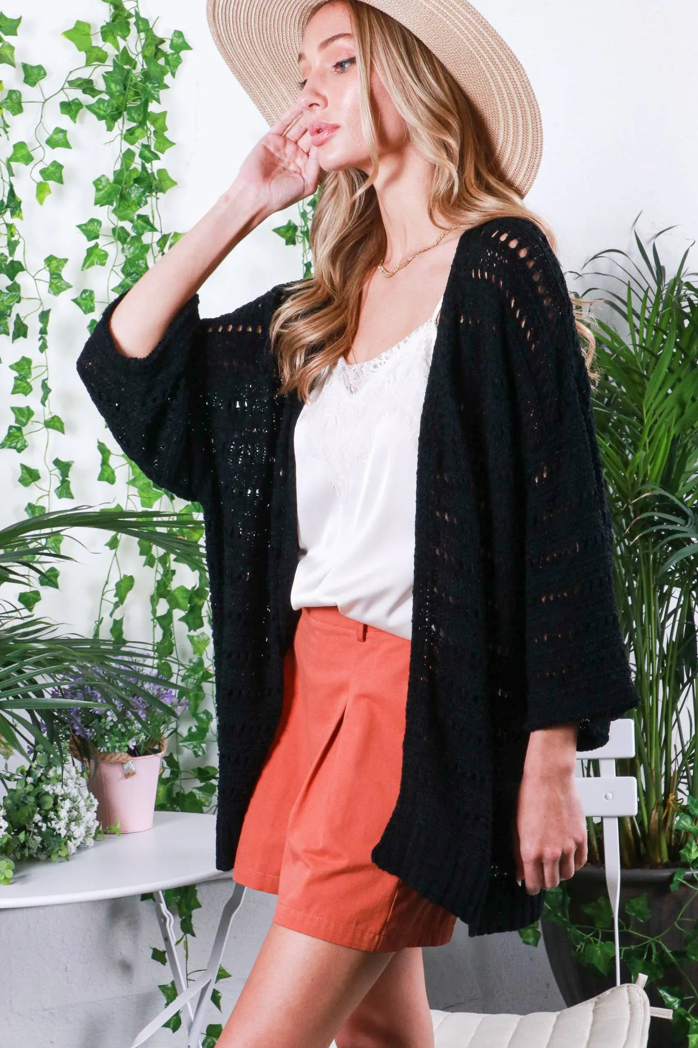 Drop Shoulder 3/4 Sleeve Crochet Cardigan