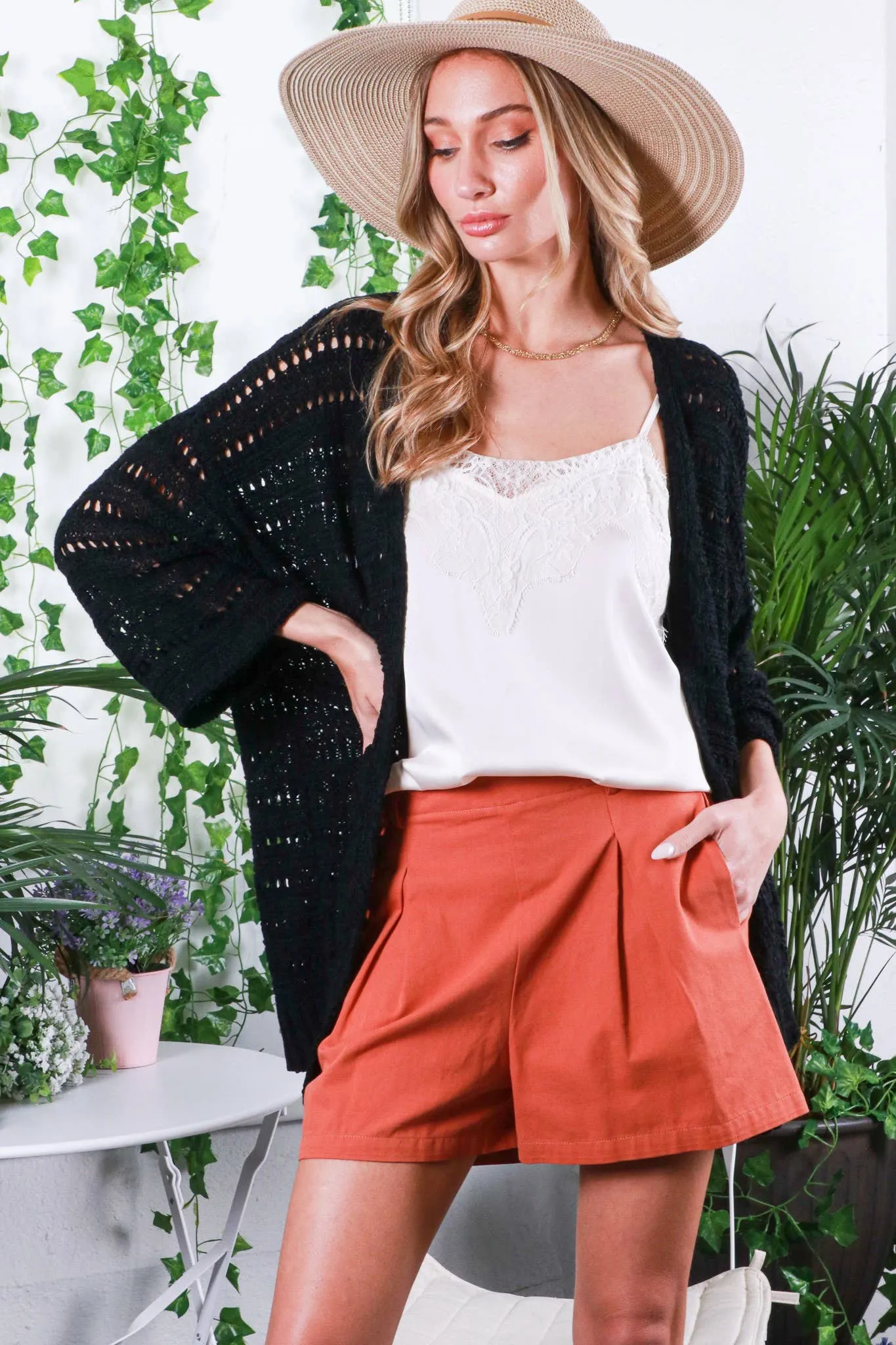 Drop Shoulder 3/4 Sleeve Crochet Cardigan
