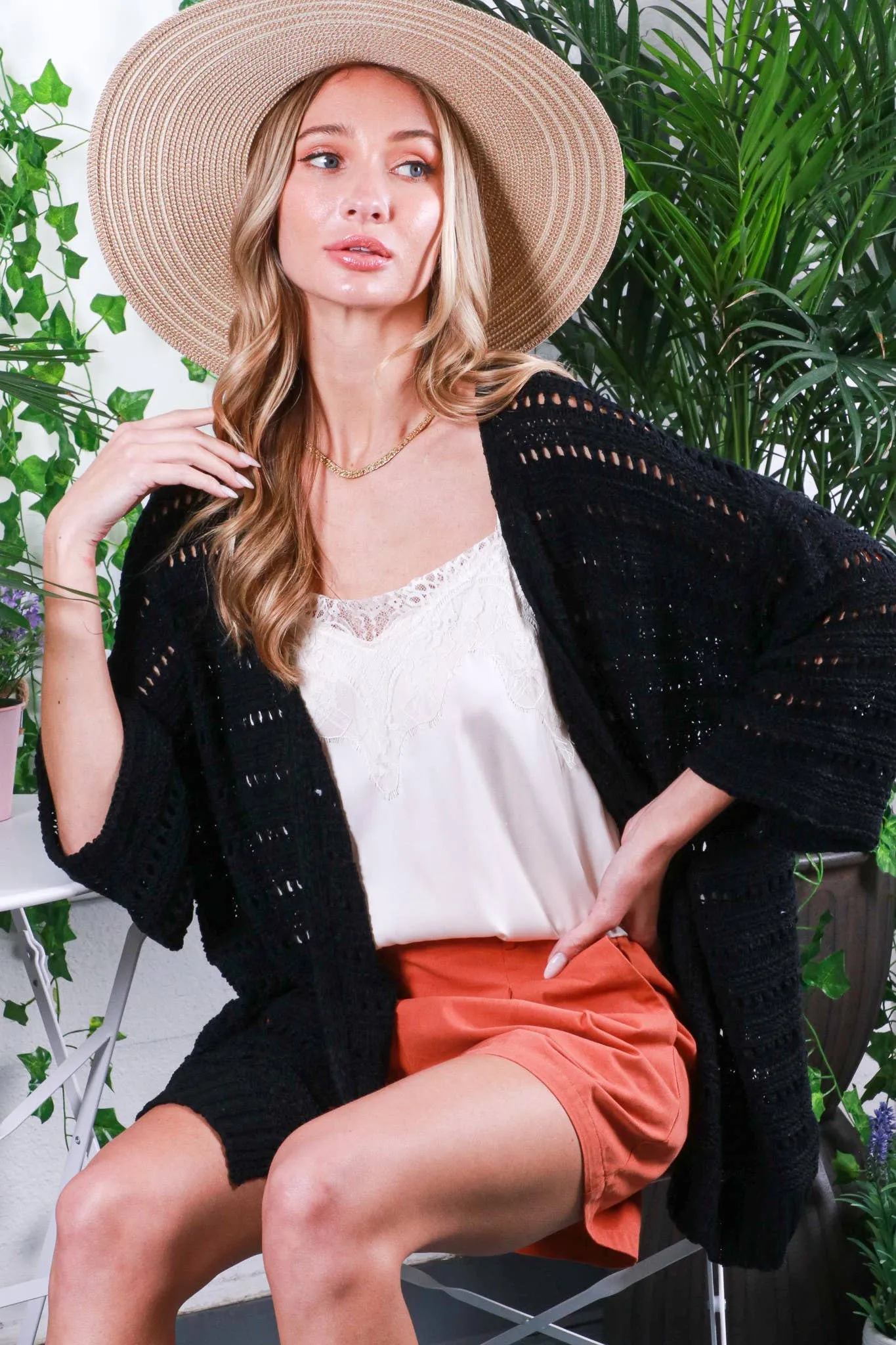 Drop Shoulder 3/4 Sleeve Crochet Cardigan