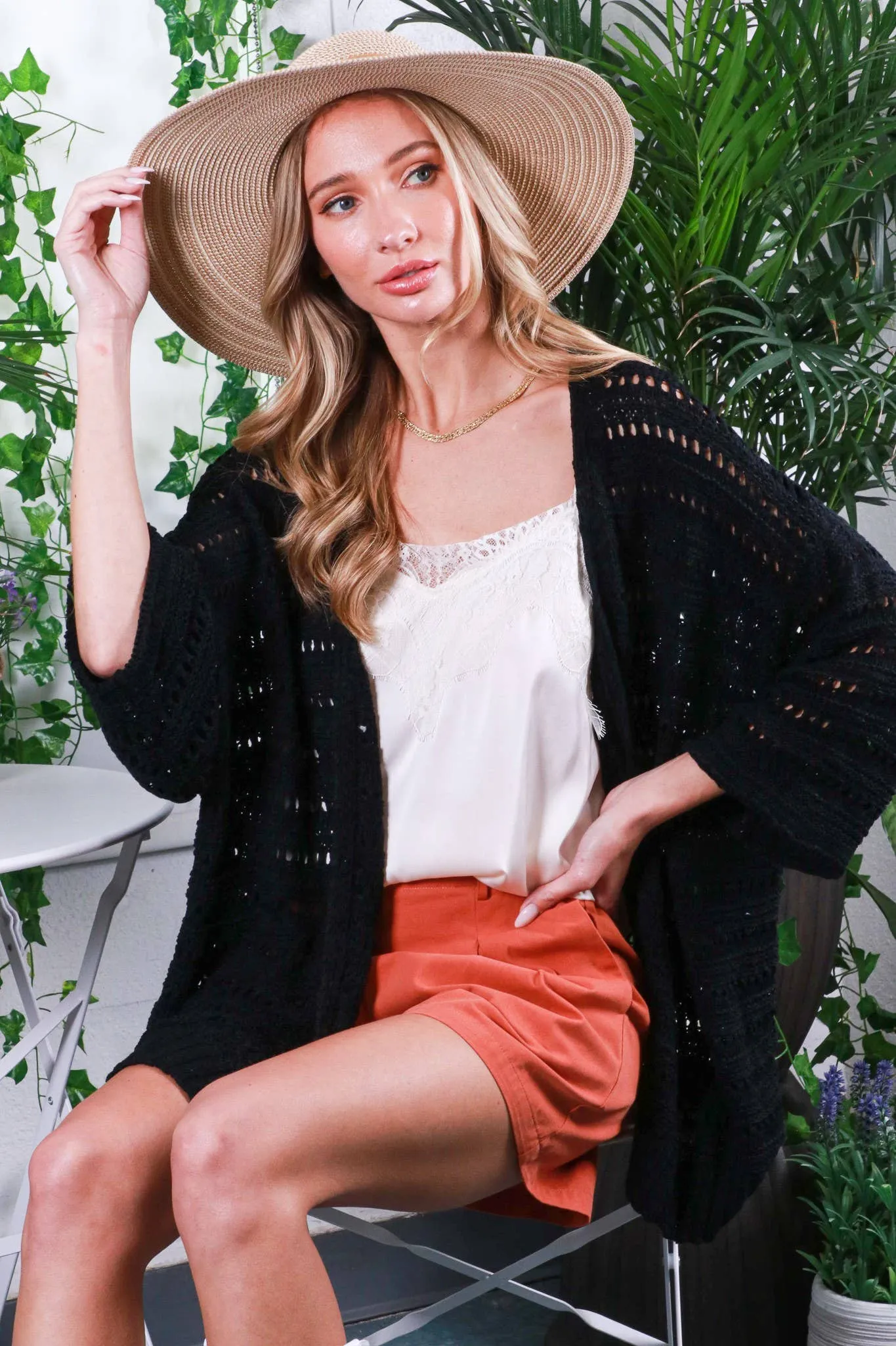 Drop Shoulder 3/4 Sleeve Crochet Cardigan