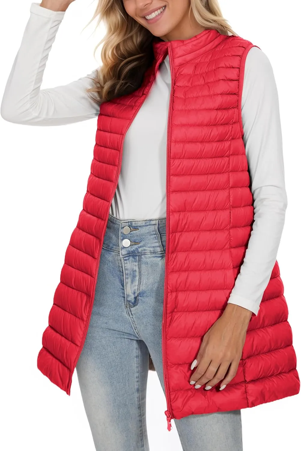 ELFJOY Long Puffer Vest Women Winter Ultra Light Long Down Vest with Stand Collar Black Womens Vests Outerwear