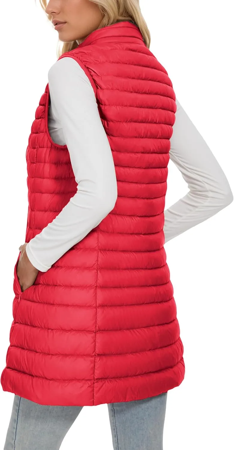 ELFJOY Long Puffer Vest Women Winter Ultra Light Long Down Vest with Stand Collar Black Womens Vests Outerwear
