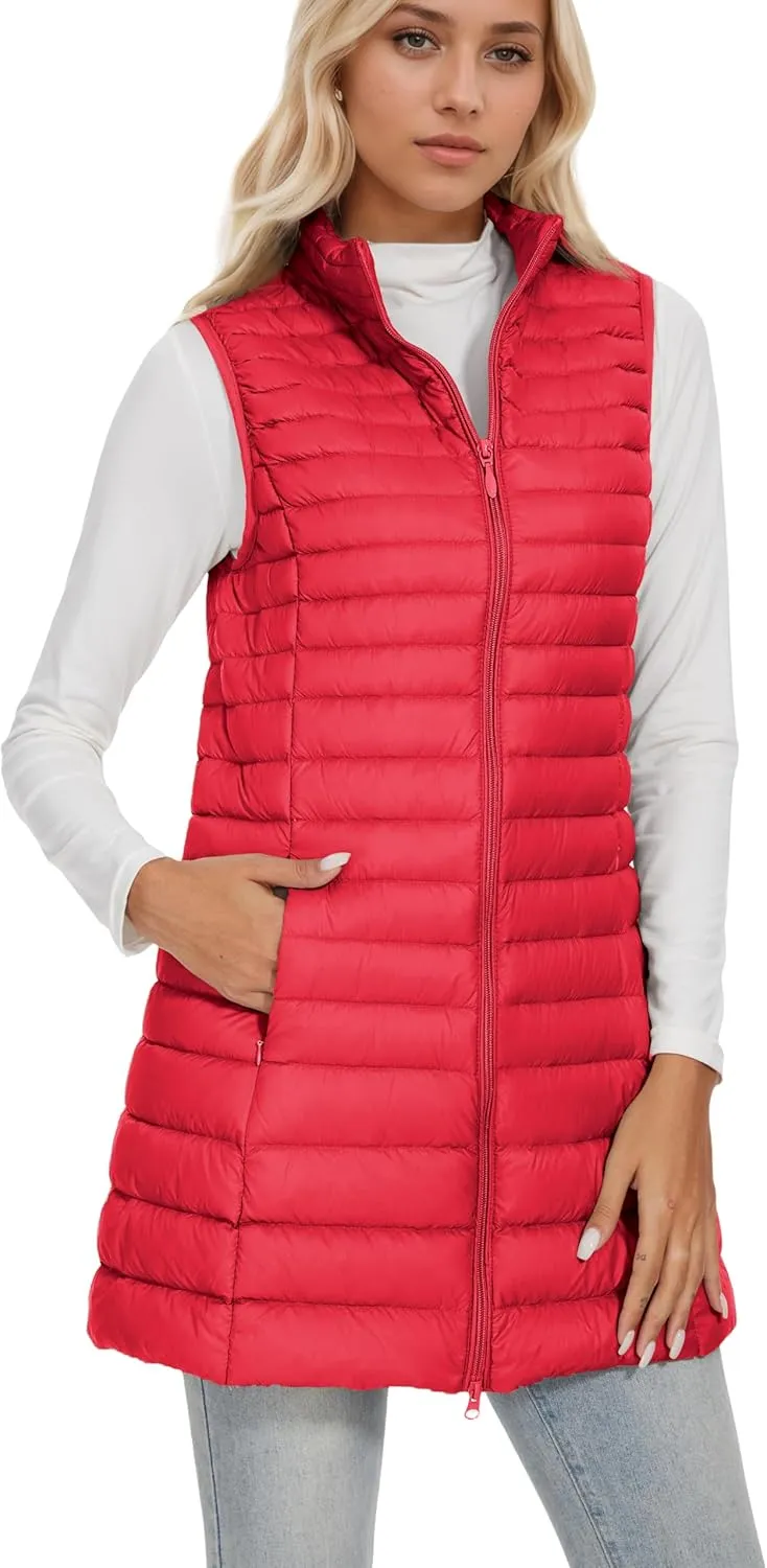 ELFJOY Long Puffer Vest Women Winter Ultra Light Long Down Vest with Stand Collar Black Womens Vests Outerwear