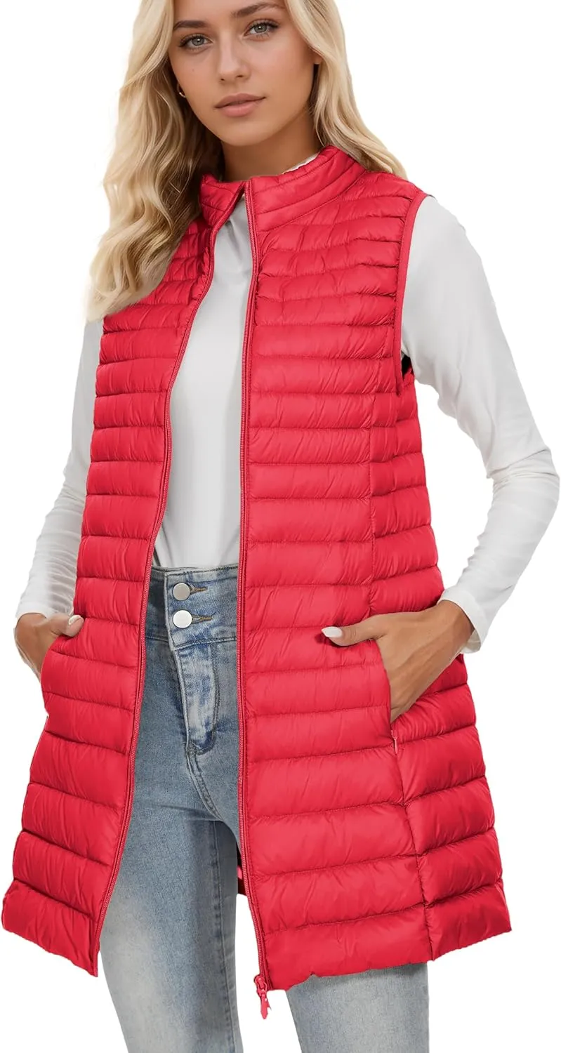 ELFJOY Long Puffer Vest Women Winter Ultra Light Long Down Vest with Stand Collar Black Womens Vests Outerwear