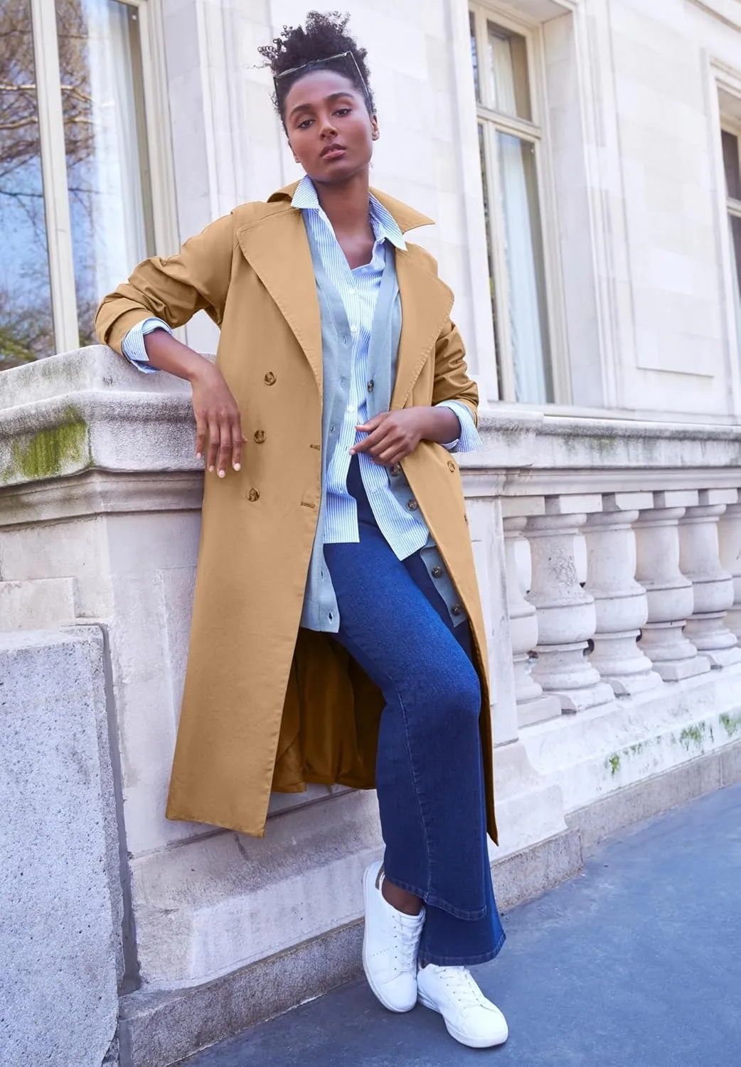 ellos Women's Plus Size Double-Breasted Belted Trench Raincoat