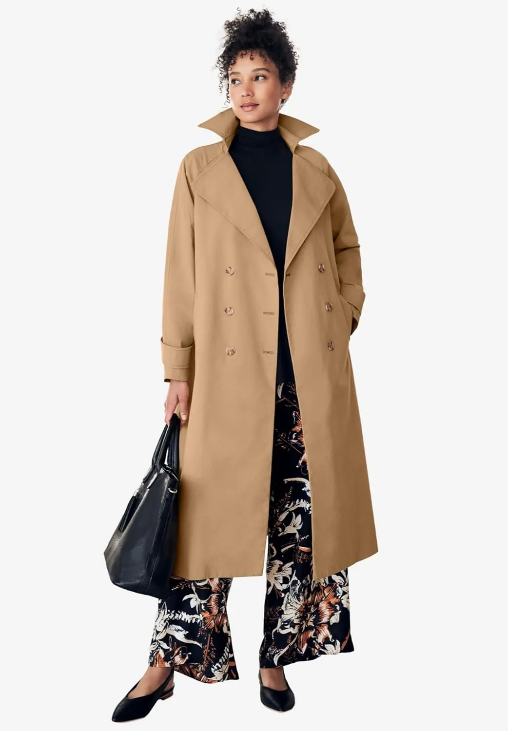 ellos Women's Plus Size Double-Breasted Belted Trench Raincoat