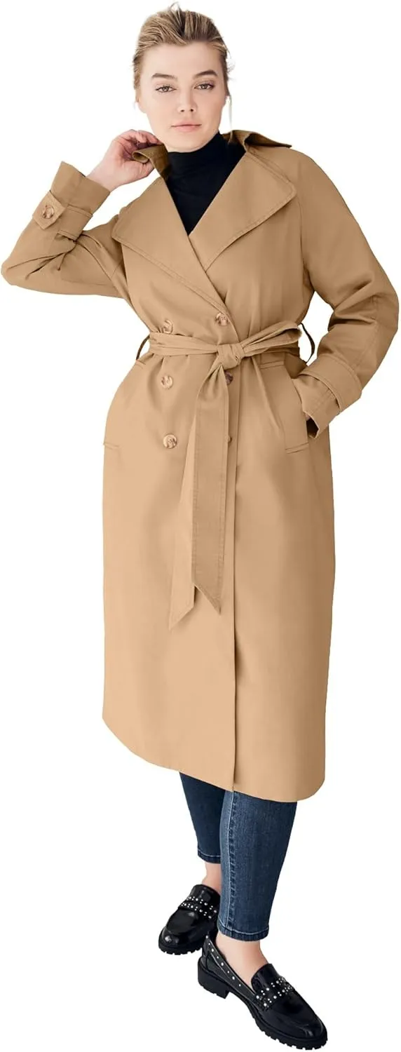 ellos Women's Plus Size Double-Breasted Belted Trench Raincoat