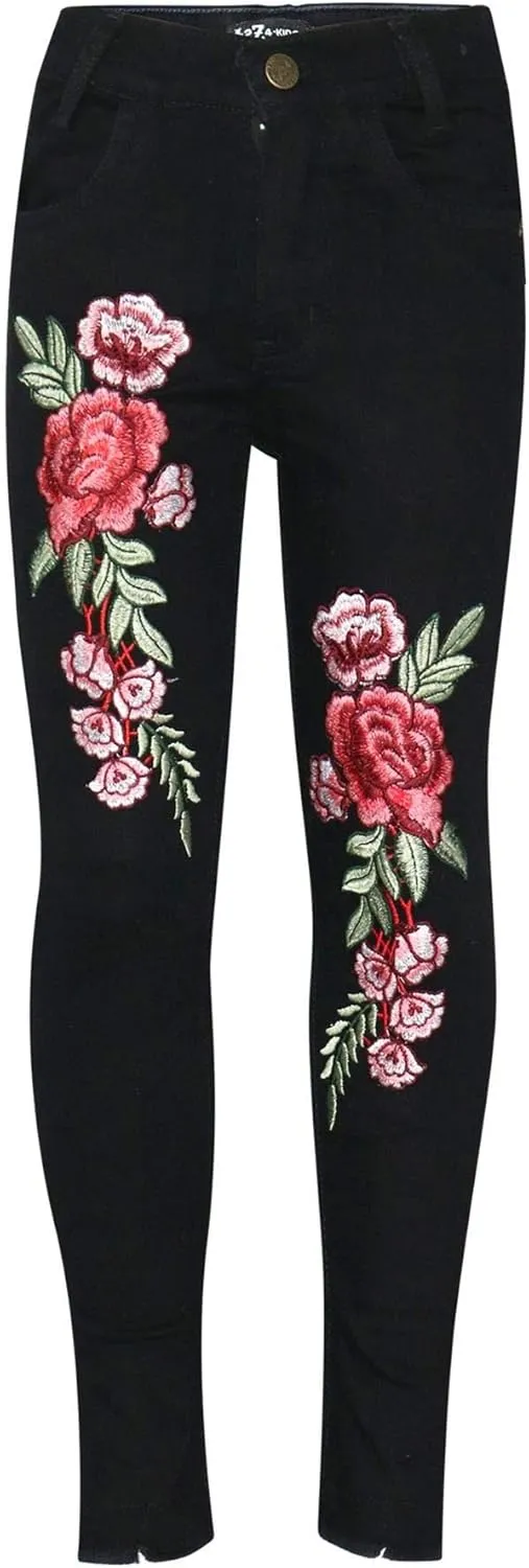 Girls Jeans Stretchy Roses Embroidered Denim Pants - Girls Jeans JN26 Jet Black 7-8