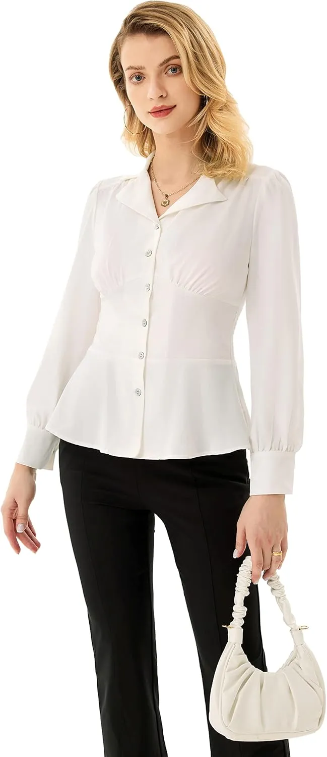 GRACE KARIN Button Down Shirts for Women Summer Peplum Tops Long Sleeve Work Blouse Collared Shirt Dressy Top