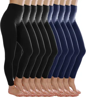 Kuda Moda 10 Pack Women's Winter Fleece Lined Brushed Warm Full Length Thermal Leggings - One Size fits 0-12 (S, M, L)