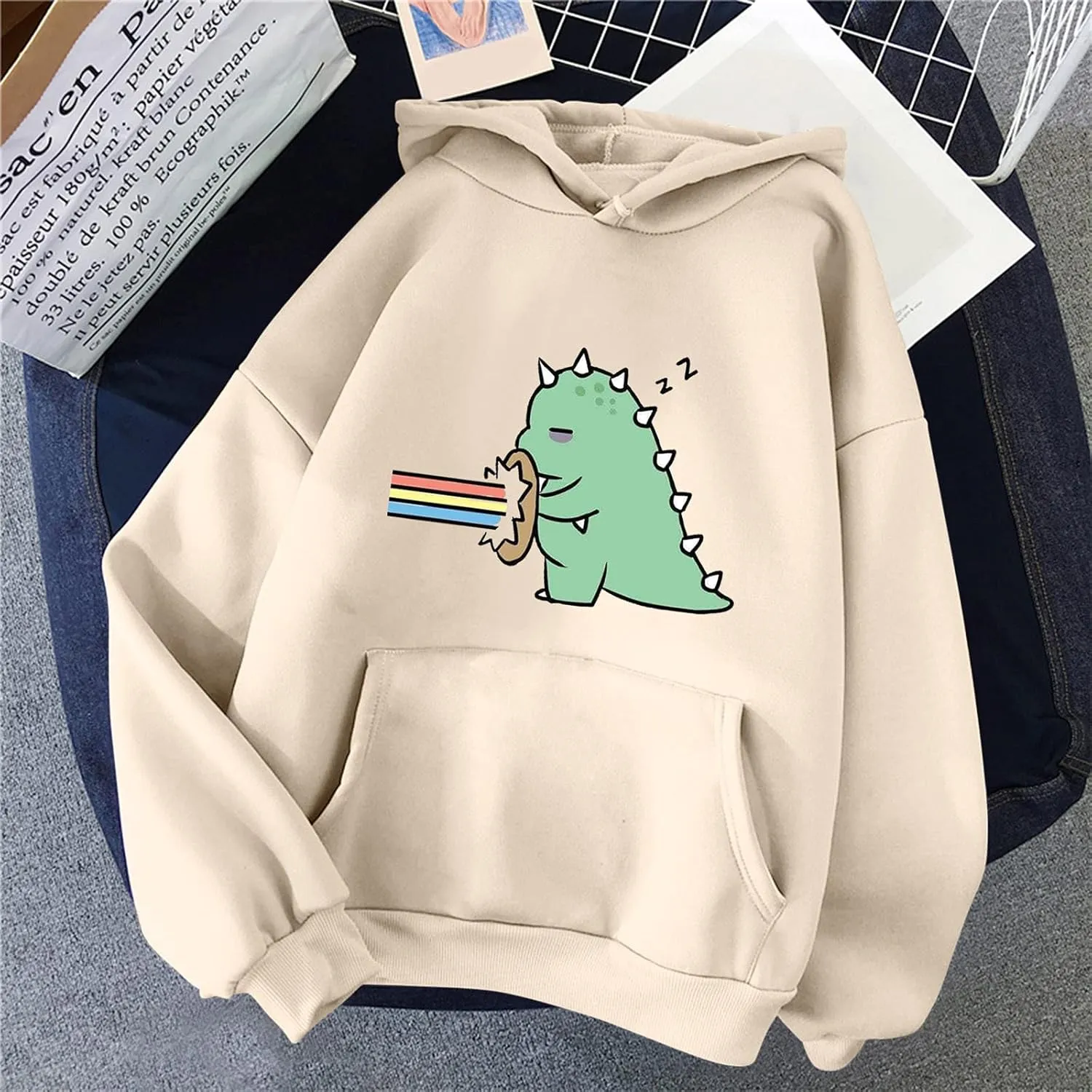 LCMTWX Women Kawaii Cartoon Cute Dinosaur Funny Hoodie Sweatshirts Pocket Crewneck Casual Loose Long Sleeve Pullover Tops