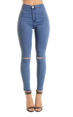 Light Blue High Waisted Ripped Knee Skinny Jeans Jeggings